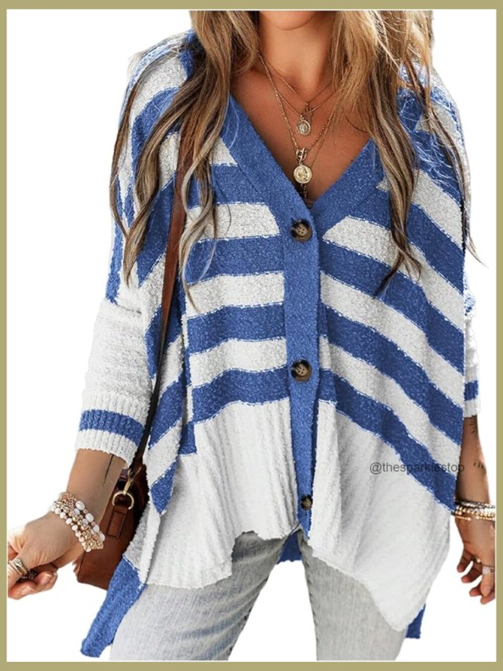 Oversized Striped Button Front Cardigan Sweater - V-Neck Long Sleeve Knit